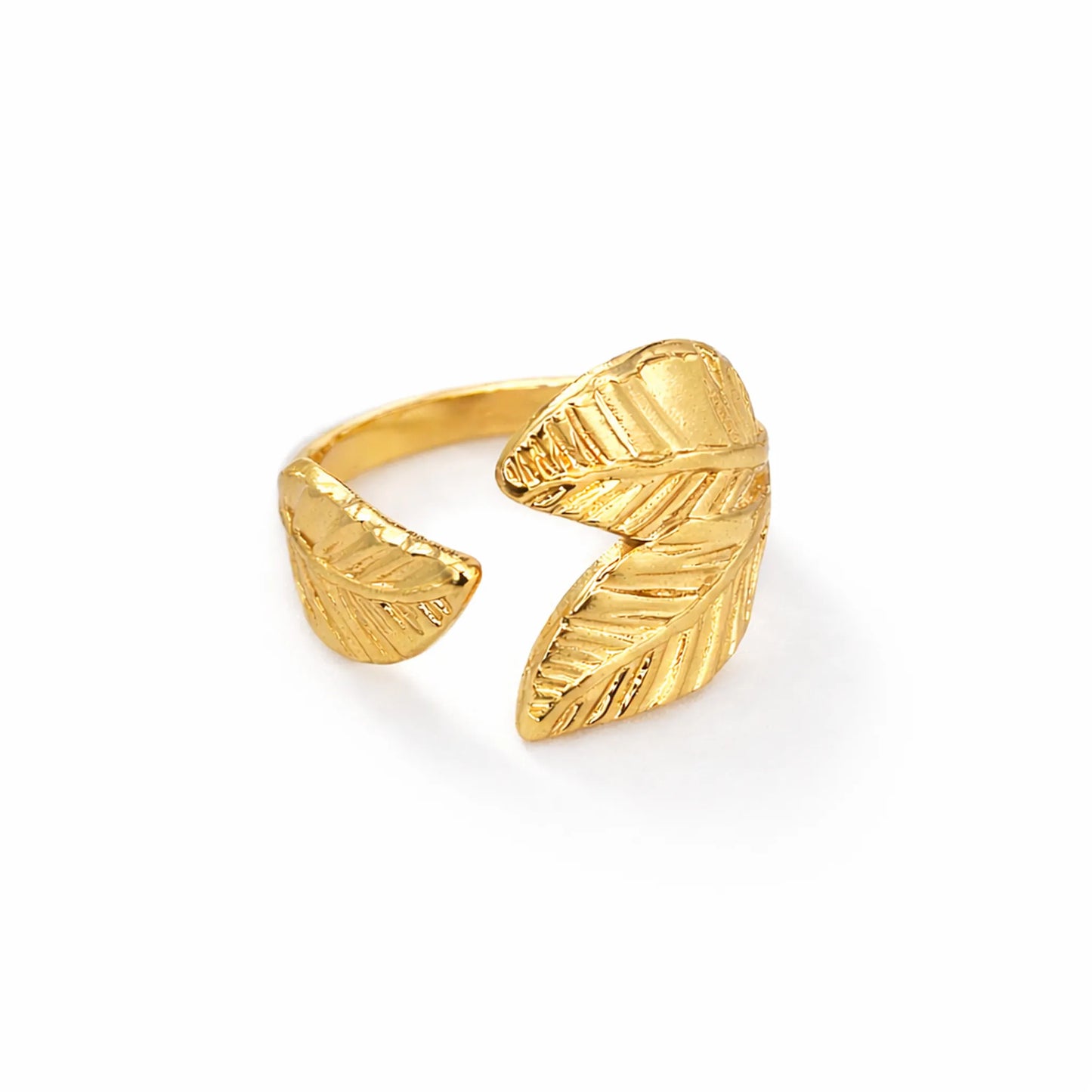 YUBIRAA gold leaf open ring with engraved botanical texture, adjustable anti tarnish jewellery on white background