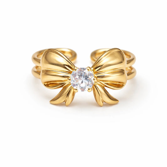 Anti-tarnish adjustable bow-design gold ring with solitaire stone front view on white background – YUBIRAA