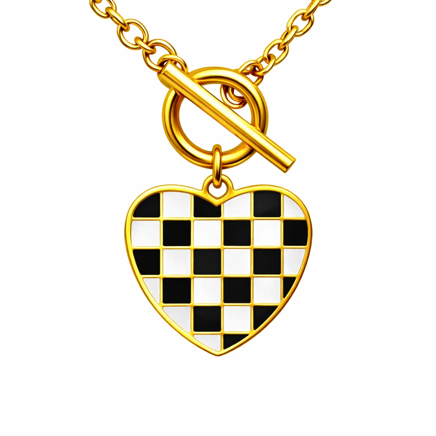 Yubiraa Checkmate Heart Necklace closeup 18K gold plated black & white checkerboard enamel heart pendant toggle clasp anti tarnish nickel free India