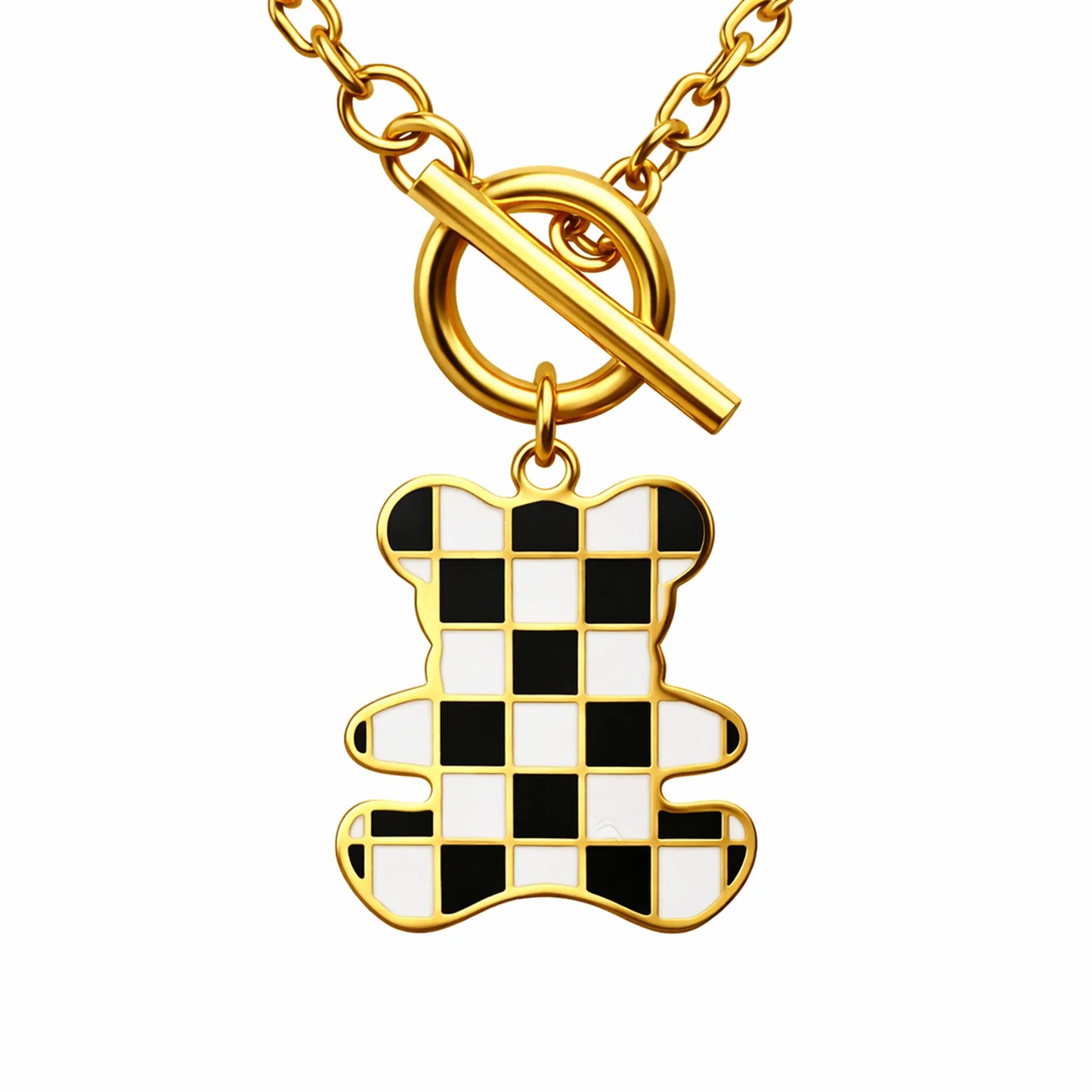 Close up of checker teddy pendant showing anti tarnish gold plated detailing