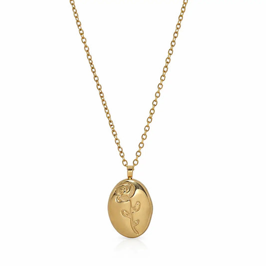 Minimal gold oval rose pendant necklace on white background, elegant everyday jewelry