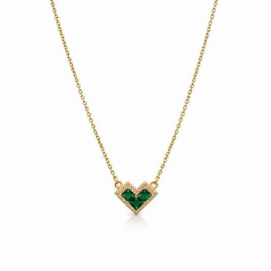Yubiraa anti tarnish gold necklace with emerald green heart pendant on pure white background