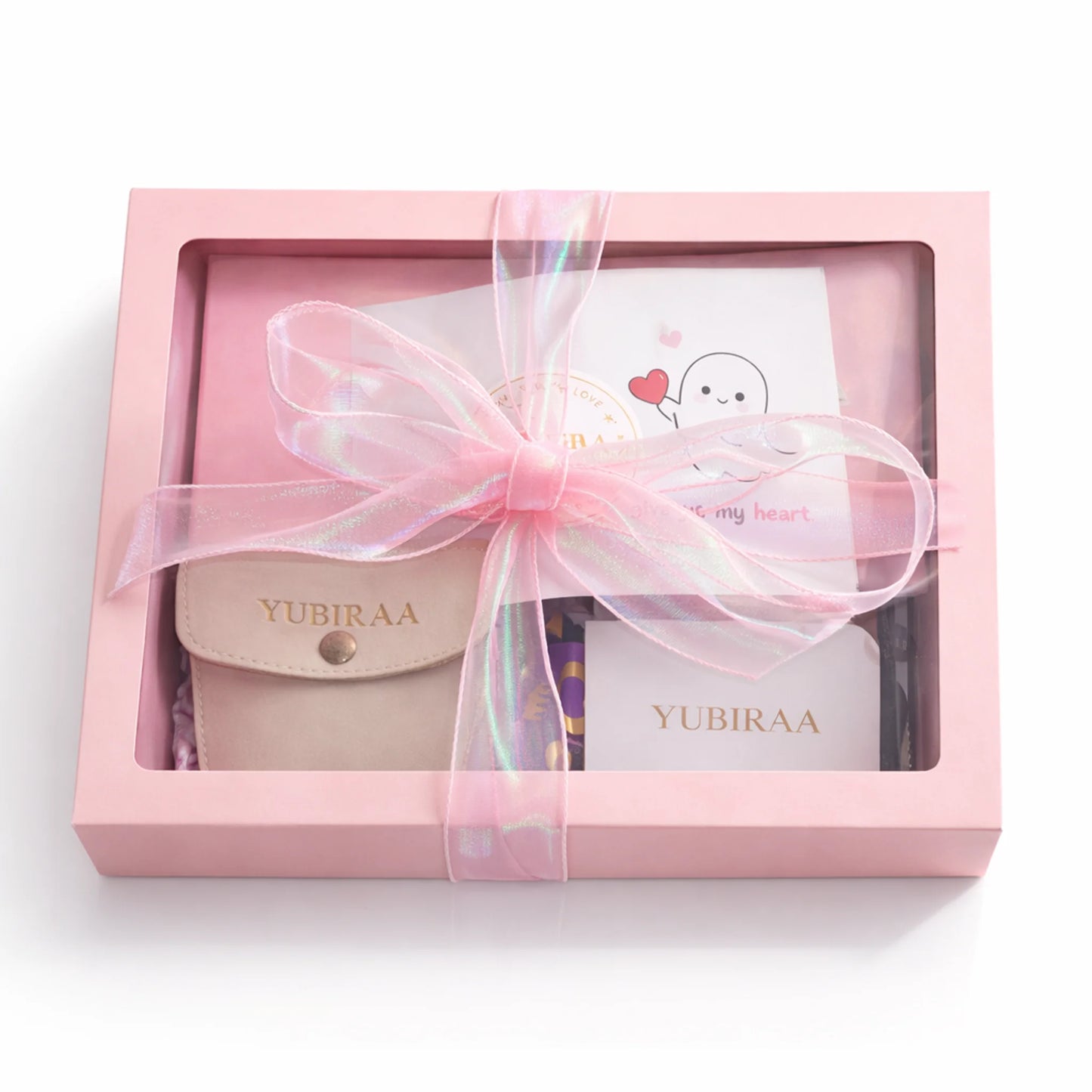 Gift set with pink box, bow, and YUBIRAA branding on a white background