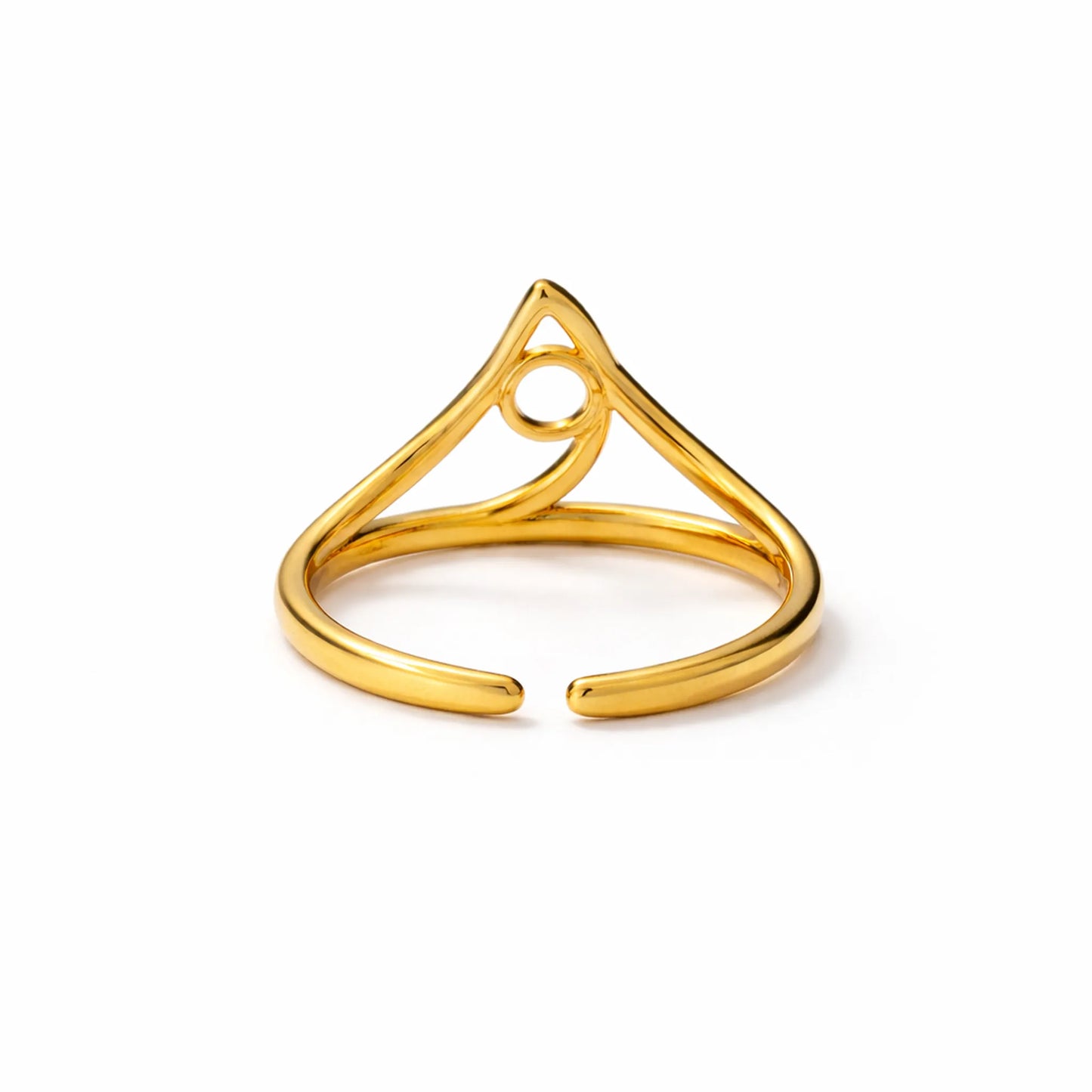 Back view of YUBIRAA Inner Circle adjustable gold ring showing open band design and smooth anti-tarnish 18K gold plated finish