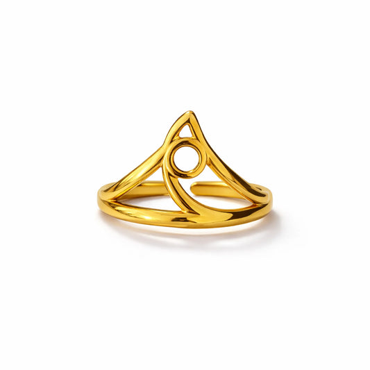 YUBIRAA Inner Circle adjustable gold ring with sculptural open circle design in high-polish 18K gold plated stainless steel on white background