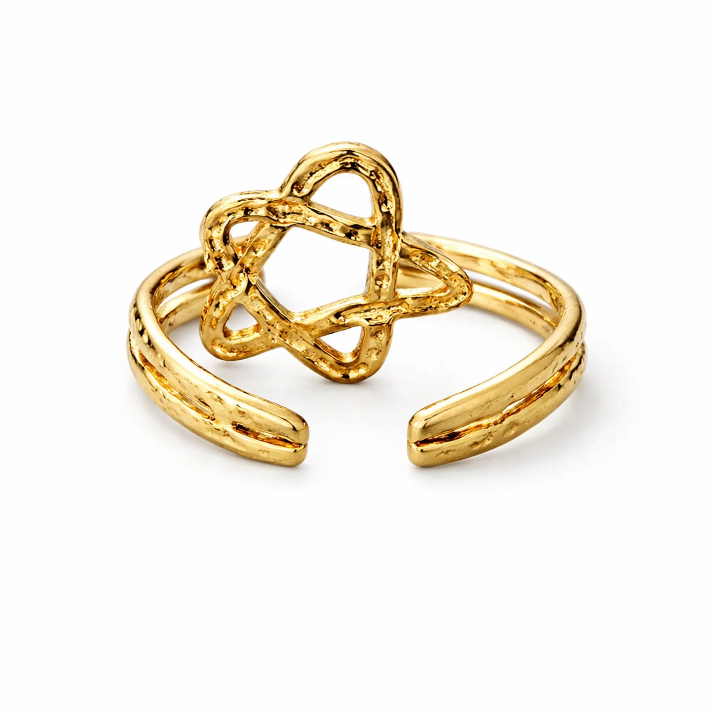 Adjustable gold star ring with handcrafted hammered texture, modern open band design