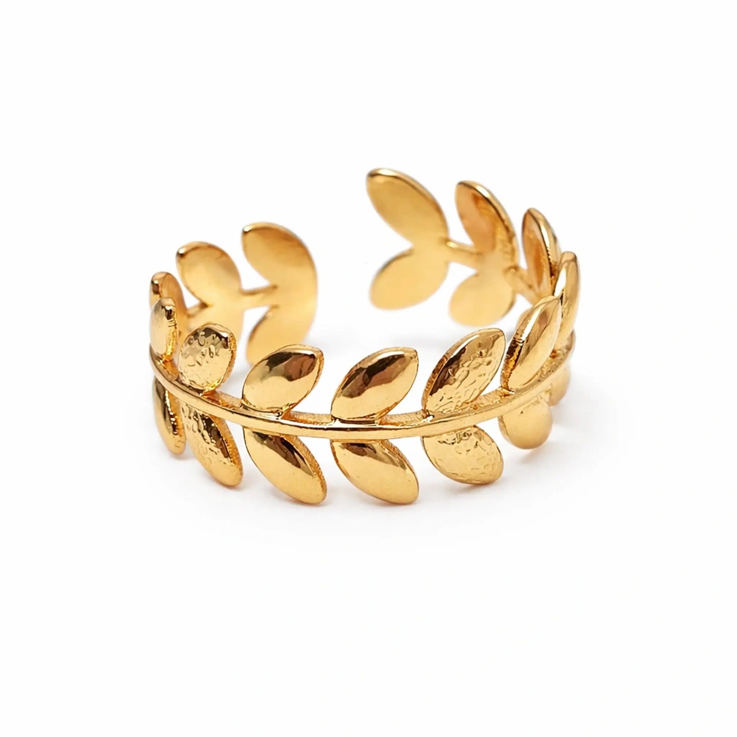 Angled view of gold leaf-inspired curve ring with textured petal detailing – yubiraa