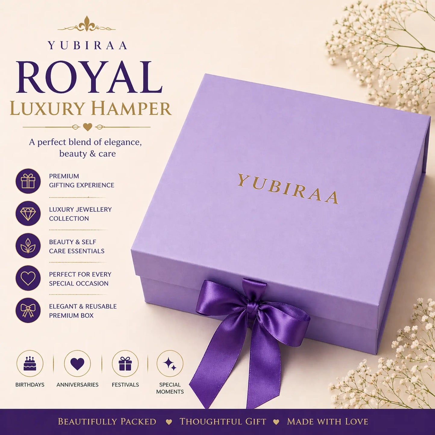 Purple luxury hamper box with YUBIRAA branding on a light background