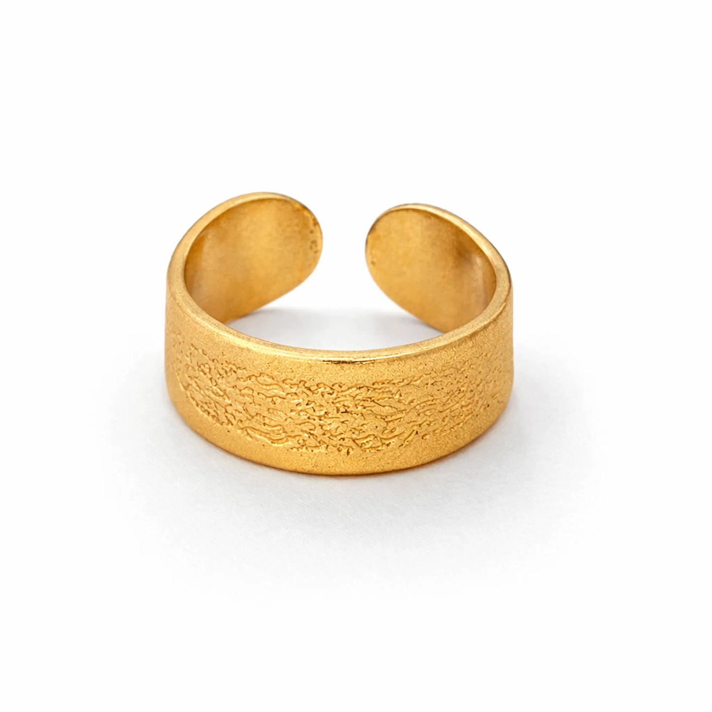 Gold adjustable textured band ring showcasing wide hammered design