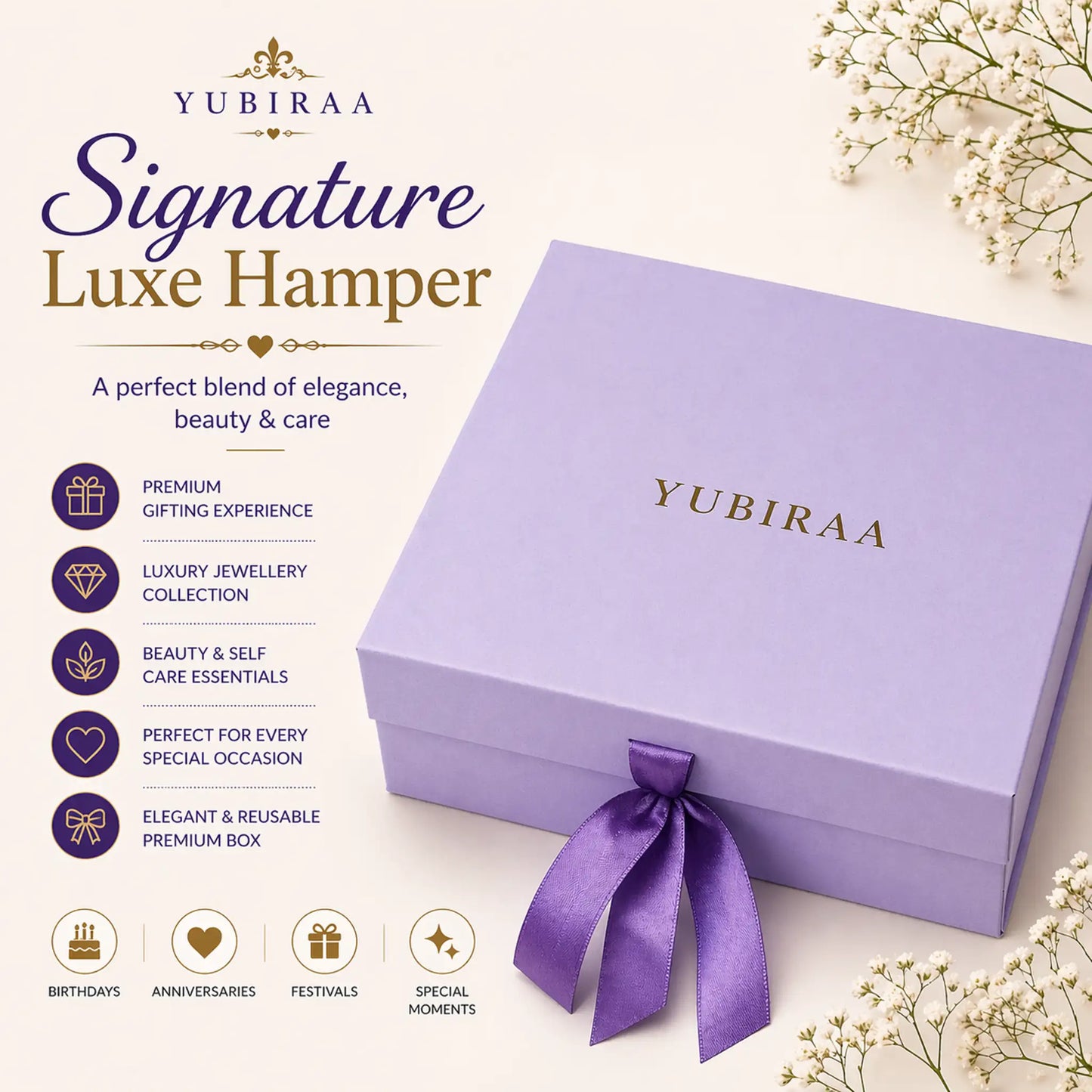 Yubiraa Signature Luxe Hamper with purple box and ribbon on a light background