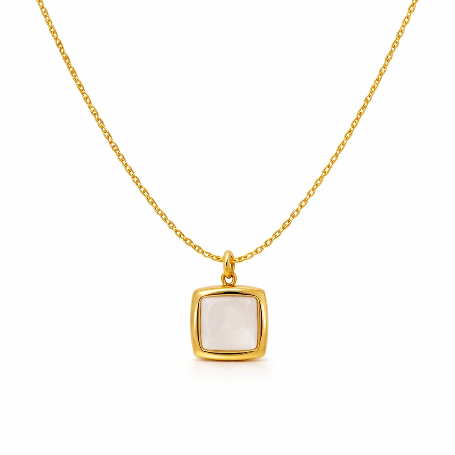 Gold necklace with a square pendant on a white background