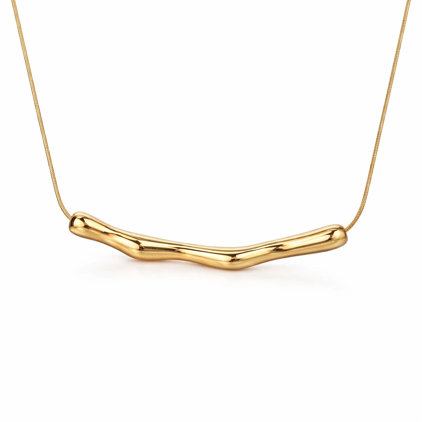 Close up of Yubiraa Wave Bar Necklace showing smooth curved gold bar