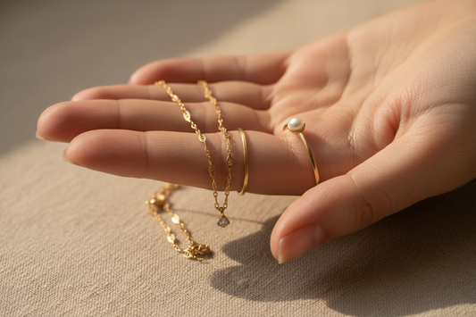 Anti-tarnish gold jewellery close-up — necklace and ring held in hand against beige background — YUBIRAA everyday jewellery buyer's guide