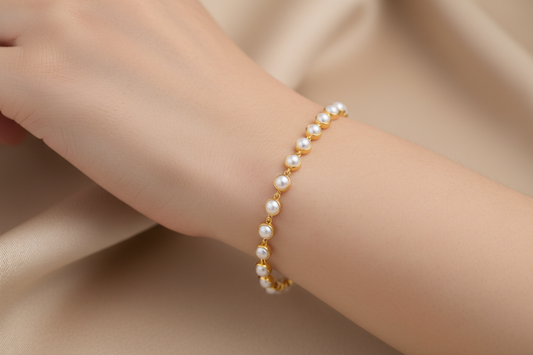 Best pearl bracelets for women in India 2026 — delicate gold-toned pearl bracelets by YUBIRAA, anti-tarnish 18K gold PVD plating, everyday & office wear