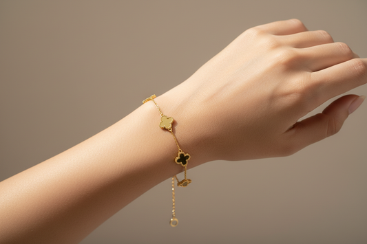 Clover bracelet styling guide — delicate gold four-leaf clover bracelet for office and everyday wear by YUBIRAA, anti-tarnish 18K gold PVD plating