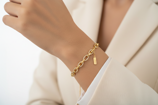 Diamond bracelet for office wear India — delicate sparkling gold diamond-inspired bracelet for everyday professional styling by YUBIRAA, anti-tarnish 18K gold PVD plating