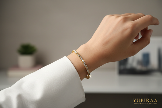Diamond bracelet styling guide — office, casual and festive looks — delicate sparkling gold bracelet by YUBIRAA, anti-tarnish 18K gold PVD plating