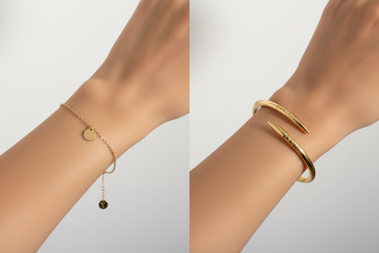 Everyday bracelet vs statement bracelet for office — delicate minimalist gold bracelet and bold nail bracelet comparison by YUBIRAA, anti-tarnish 18K gold PVD plating