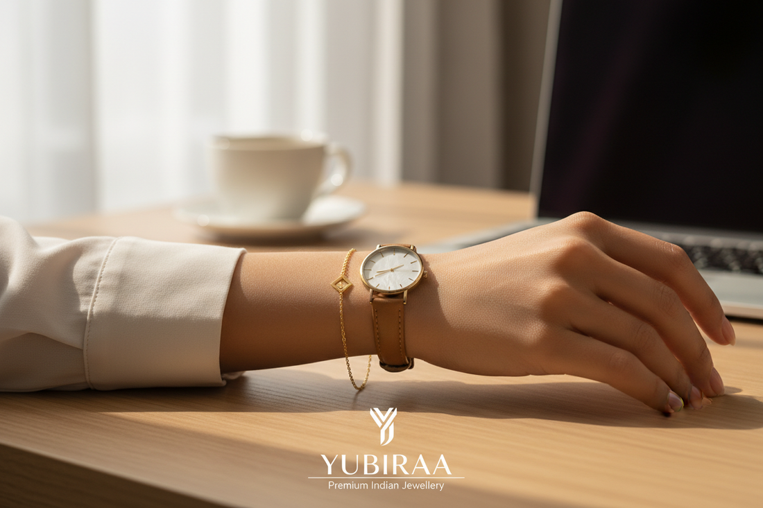 Bracelet styling for Indian office wear — delicate gold bracelet with kurta and blazer, elegant workwear jewellery by YUBIRAA, anti-tarnish 18K gold PVD plating