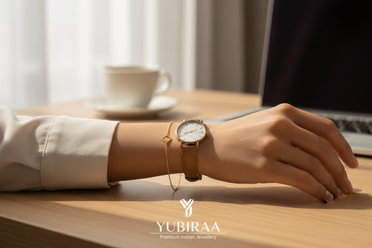 Bracelet styling for Indian office wear — delicate gold bracelet with kurta and blazer, elegant workwear jewellery by YUBIRAA, anti-tarnish 18K gold PVD plating