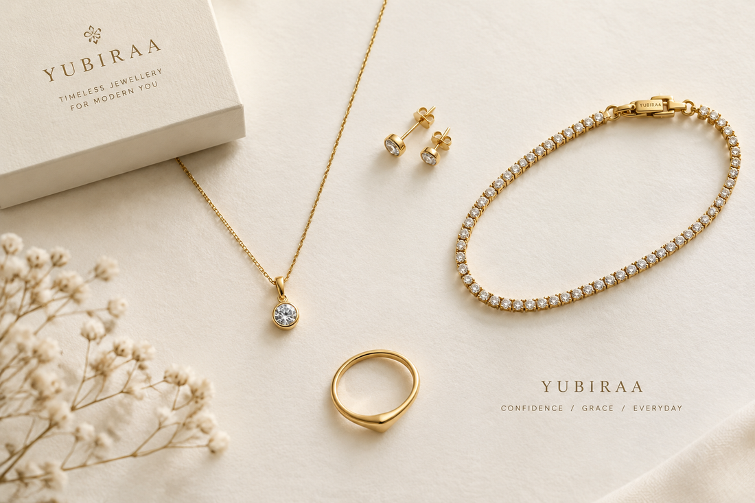 Office wear gold jewellery set — necklace, earrings, bracelet and ring by YUBIRAA