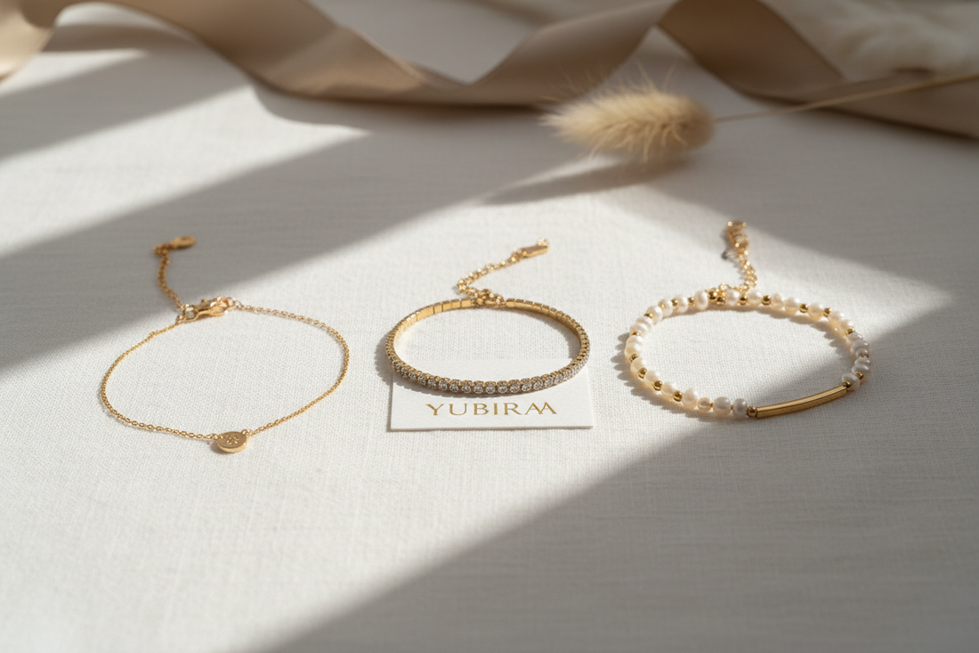 How to choose the perfect bracelet for your wrist size and personal style — minimalist, tennis and pearl gold bracelets by YUBIRAA, anti-tarnish 18K gold PVD plating