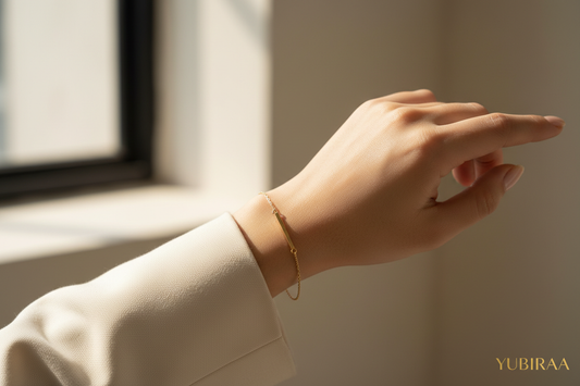 How to style bracelets for office in India — delicate gold minimalist bracelet with blazer, professional workwear styling by YUBIRAA, anti-tarnish 18K gold PVD