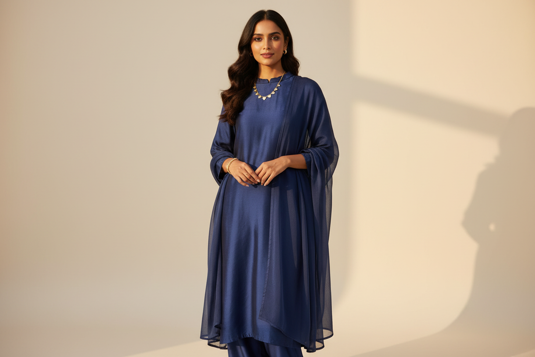How to style jewellery with a kurta — gold-toned earrings, necklace, tennis bracelet and ring styled with a silk kurta, YUBIRAA anti-tarnish jewellery for Indian wear, office and festive occasions