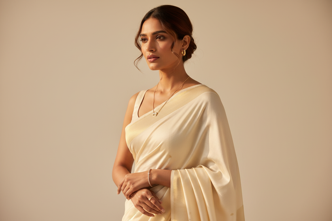 How to style jewellery with a saree — gold-toned earrings, necklace, tennis bracelet and ring styled with a silk saree, YUBIRAA anti-tarnish jewellery for Indian wear, office and festive occasions