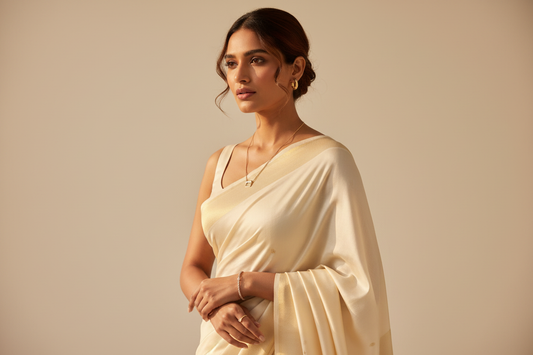 How to style jewellery with a saree — gold-toned earrings, necklace, tennis bracelet and ring styled with a silk saree, YUBIRAA anti-tarnish jewellery for Indian wear, office and festive occasions