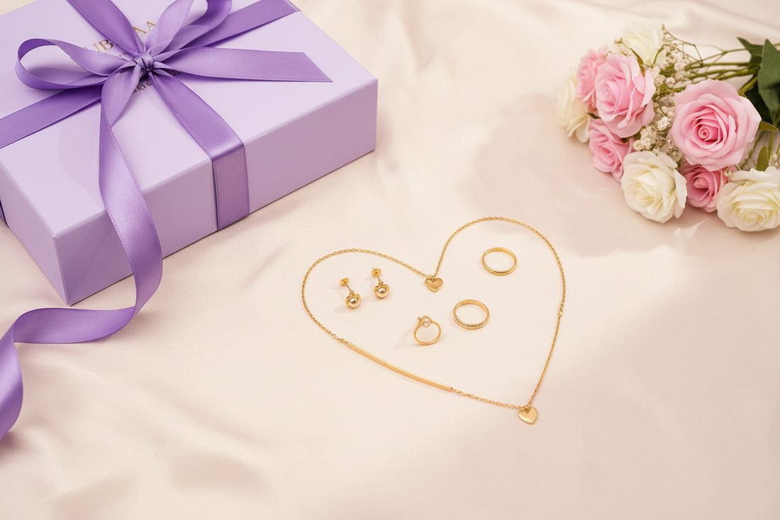 YUBIRAA Mother's Day jewellery gift — gold-toned earrings, necklace, bracelet and ring arranged with fresh flowers and lavender gift box, thoughtful jewellery hamper for mom in India
