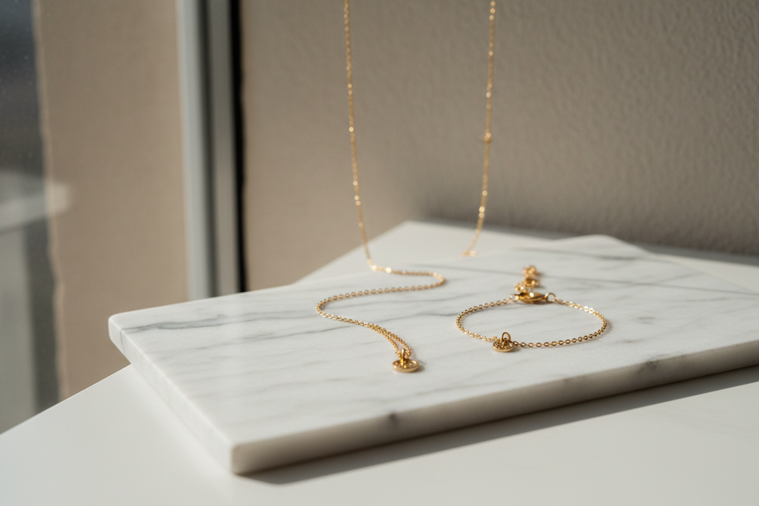 Best anti-tarnish jewellery in India — 18K gold PVD 316L stainless steel necklace and bracelet set by YUBIRAA