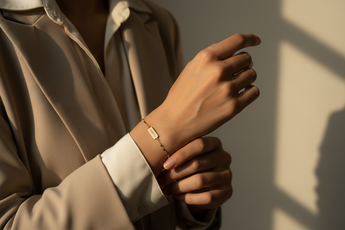 Best office wear bracelets for women India — delicate gold minimalist bracelet for professional workwear styling by YUBIRAA, anti-tarnish 18K gold PVD