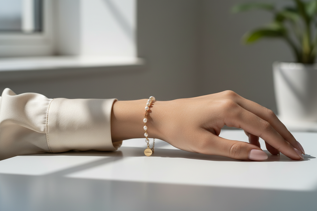 Pearl bracelet for office wear India — delicate gold pearl bracelet for everyday professional styling by YUBIRAA, anti-tarnish 18K gold PVD plating