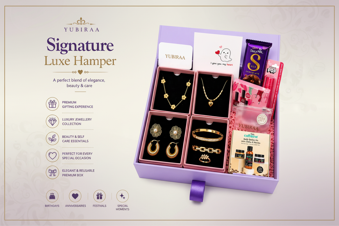 YUBIRAA Signature Luxe Hamper — ultimate luxury gift for her with 18K gold PVD anti-tarnish jewellery, self-care essentials and gift-ready packaging