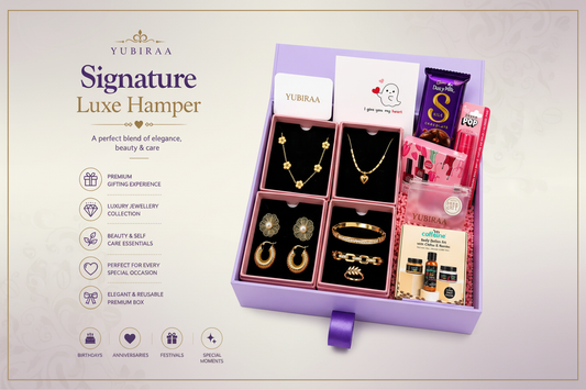 YUBIRAA Signature Luxe Hamper — ultimate luxury gift for her with 18K gold PVD anti-tarnish jewellery, self-care essentials and gift-ready packaging