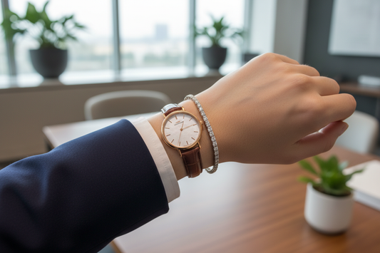 How to wear a tennis bracelet to office — slim gold tennis bracelet with watch, elegant office styling by YUBIRAA, anti-tarnish 18K gold PVD plating