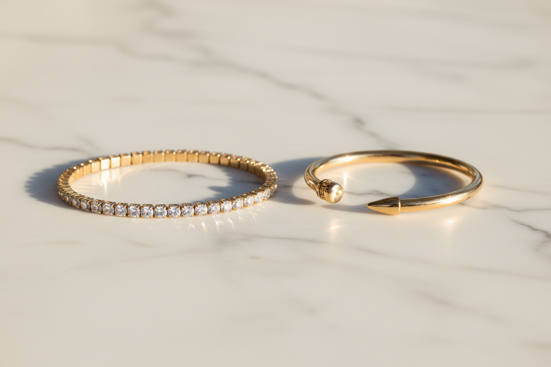 Tennis bracelet vs nail bracelet comparison — sparkling tennis bracelet and sleek sculptural nail bracelet by YUBIRAA, anti-tarnish 18K gold PVD plating