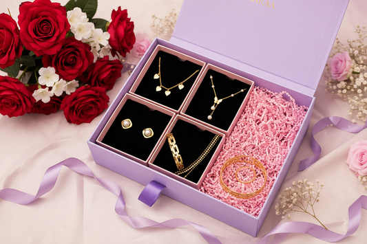 YUBIRAA personalised anniversary jewellery hamper for wife — gold-toned earrings, necklace, bracelet and ring in a luxury lavender gift box, perfect anniversary gift for her