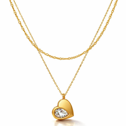 How to style layered necklaces — anti-tarnish 18K gold PVD crystal heart glow layered necklace by YUBIRAA for everyday, office and party looks