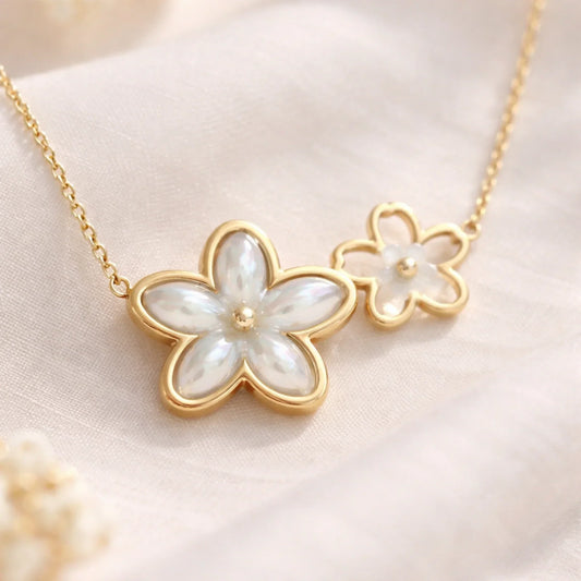 How to choose the perfect everyday necklace for your neckline — anti-tarnish 18K gold PVD pearl petal duo necklace by YUBIRAA