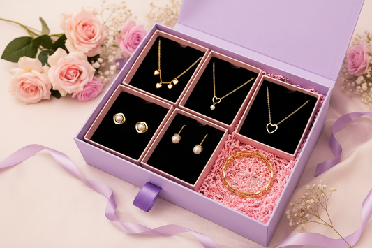 YUBIRAA personalised jewellery hamper — best birthday gift for girlfriend with gold-toned earrings, necklace and bracelet in a luxury lavender gift box