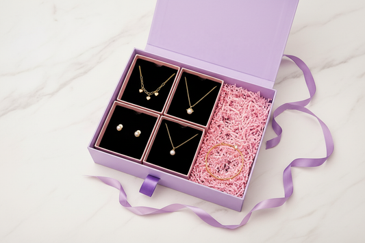 YUBIRAA corporate jewellery gift hamper for women — gold-toned earrings, necklace and bracelet in a luxury lavender gift box, perfect for employee appreciation, client gifting and Diwali
