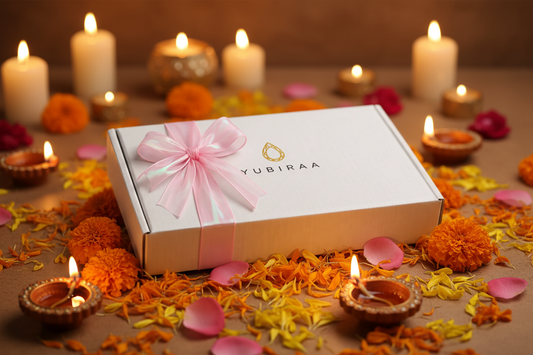 YUBIRAA Diwali jewellery gift hamper — personalised earrings, necklaces, bracelets and rings in a luxury gift box, perfect Diwali gift for women in India
