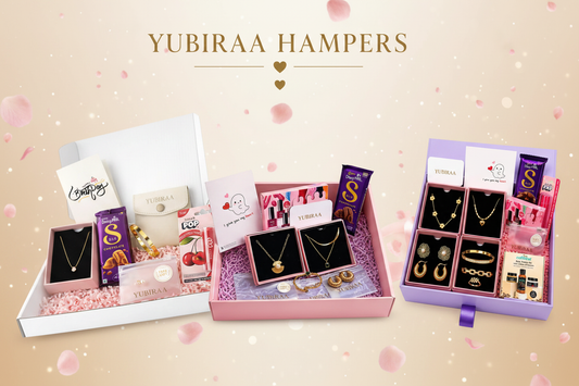 YUBIRAA luxury jewellery hamper for women — gold-toned earrings, necklace, bracelet and ring in a premium gift box, perfect for birthdays, anniversaries, Raksha Bandhan and Diwali gifting in India
