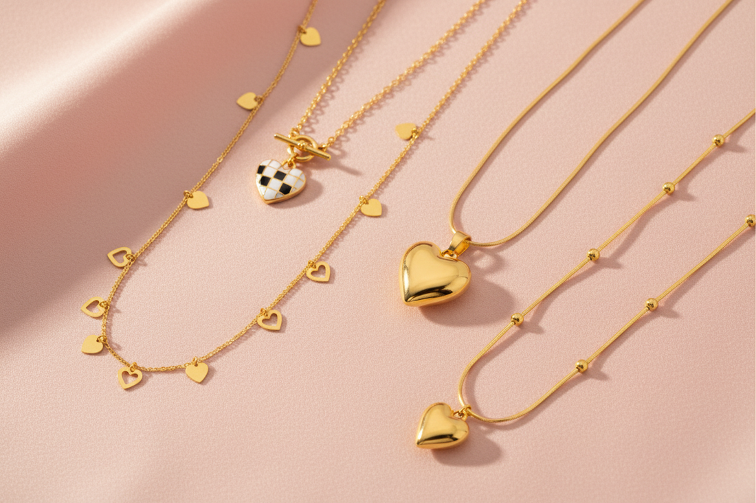 How to choose the perfect heart necklace for her — YUBIRAA anti-tarnish 18K gold PVD heart necklaces flat lay gift guide