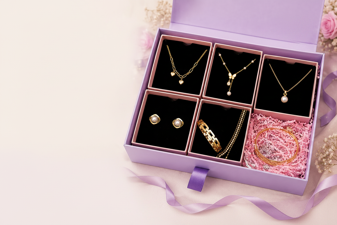 YUBIRAA lavender jewellery hamper box open with gold-toned earrings, necklace, bracelet and ring inside — personalised jewellery hamper vs jewellery set comparison