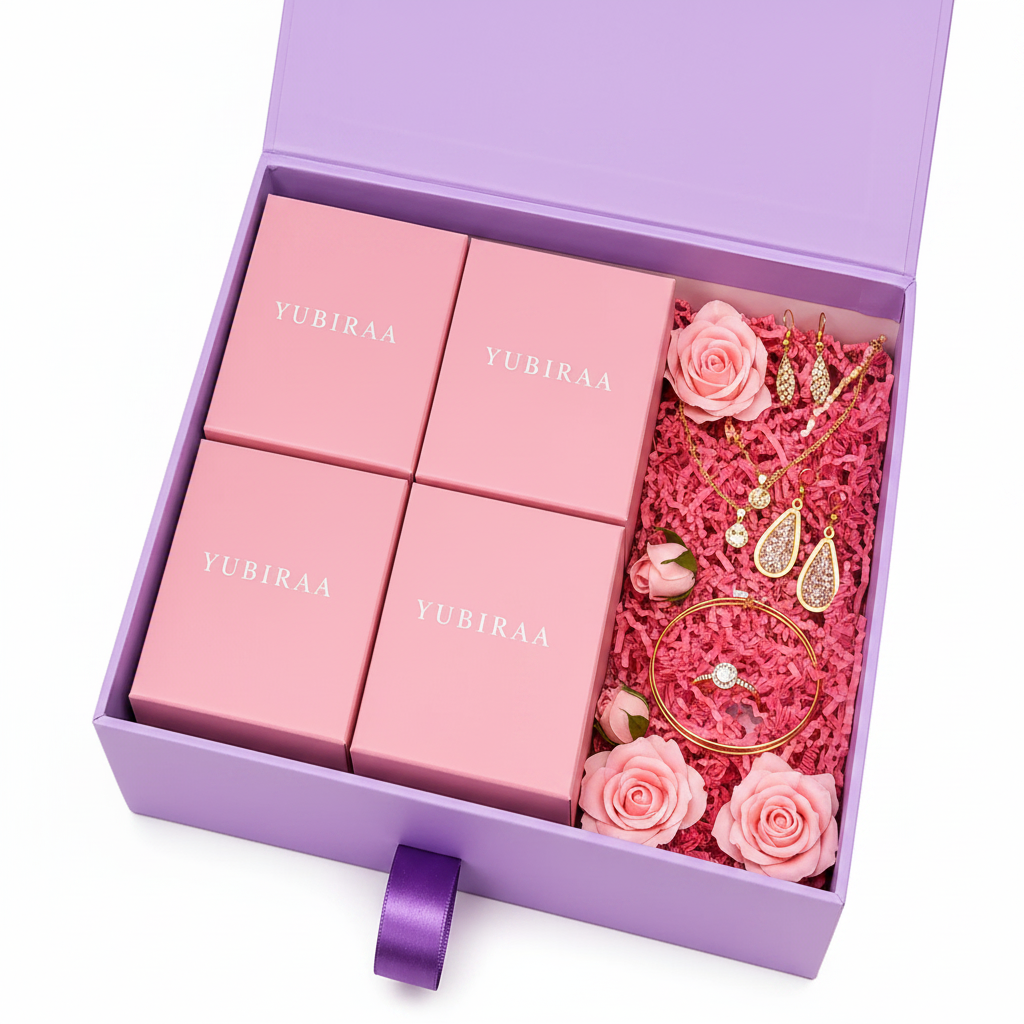 Jewellery gift for mother — YUBIRAA lavender hamper box with pink jewellery boxes and gold-toned earrings, necklace, bracelet and ring, personalised jewellery gift for mom for birthday, Mother's