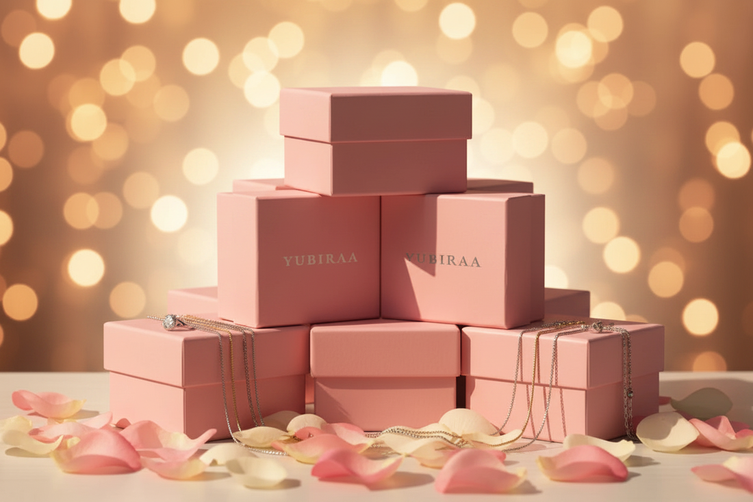 Heart necklace gift ideas — YUBIRAA anti-tarnish 18K gold PVD heart necklaces in premium pink gift boxes for girlfriend, wife, mother and sister