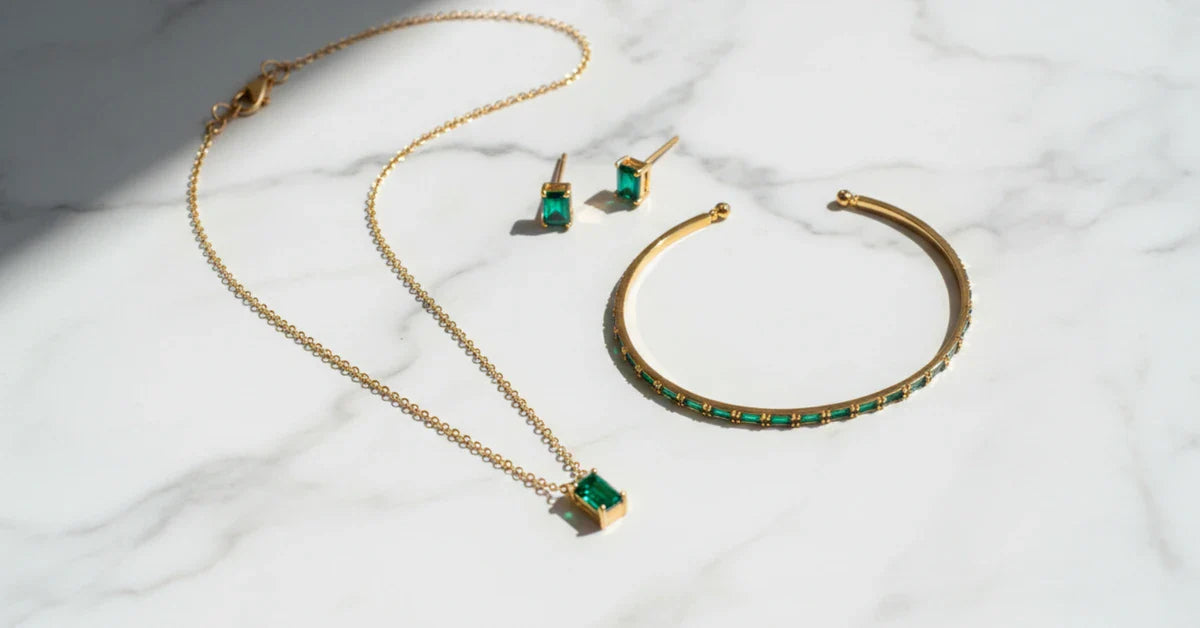 Matching gold jewelry set - coordinated necklace, bracelet and earring collection"